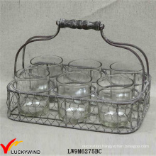 Rustic Votive Candle Holder 6 Round Jars in Wire Basket